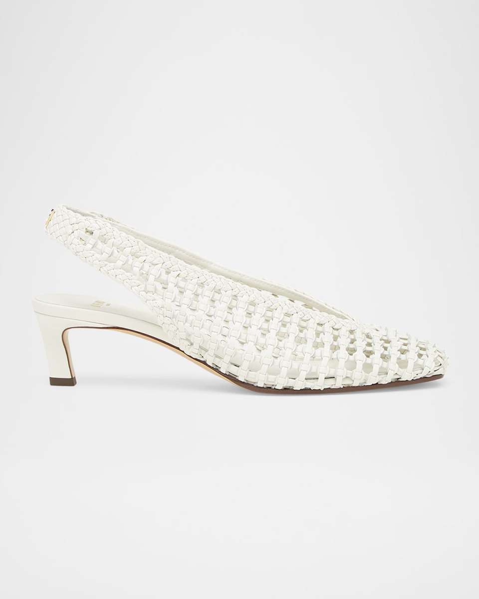 Woven Leather Kitten-Heel Slingback Pumps